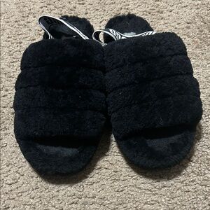UGG Black Fuzzy Slippers with Logo Strap